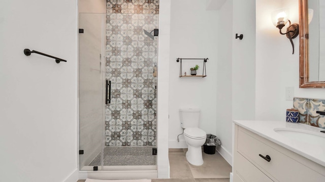 bathroom with oversized vanity, tile flooring, toilet, and an enclosed shower