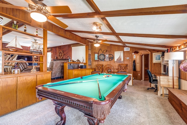 rec room with light colored carpet, billiards, wooden walls, and ceiling fan