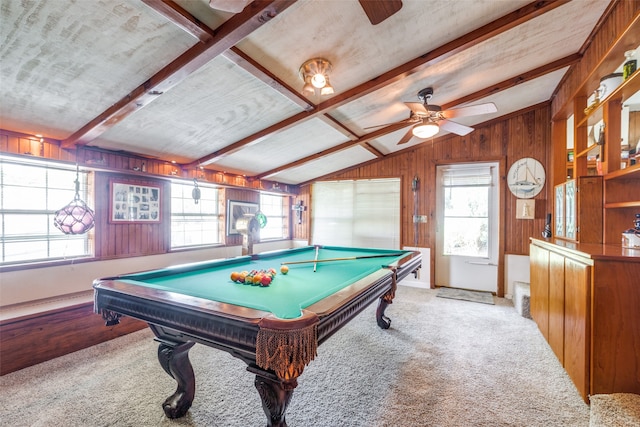 recreation room featuring billiards, plenty of natural light, and vaulted ceiling with beams