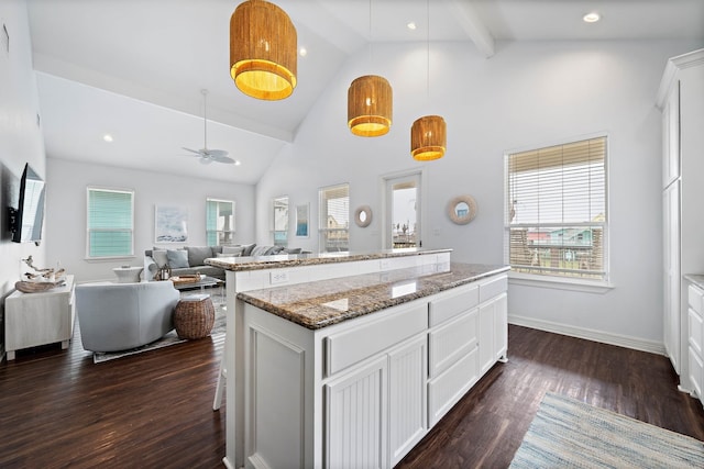 kitchen featuring dark hardwood / wood-style floors, ceiling fan, plenty of natural light, white cabinetry, and a center island