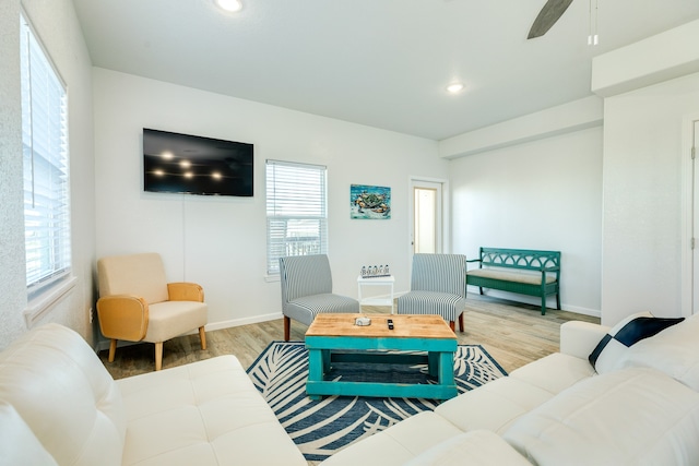 living room featuring a healthy amount of sunlight, ceiling fan, and light wood-type flooring