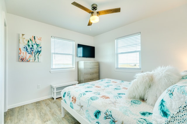 bedroom featuring ceiling fan and light wood-type flooring