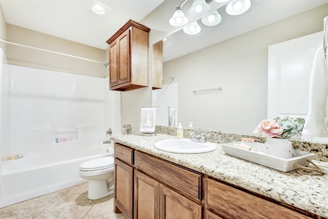 full bathroom with tile flooring, toilet, vanity, and bathing tub / shower combination