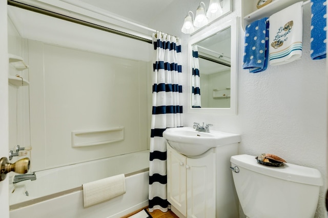 full bathroom with toilet, shower / bath combination with curtain, and vanity