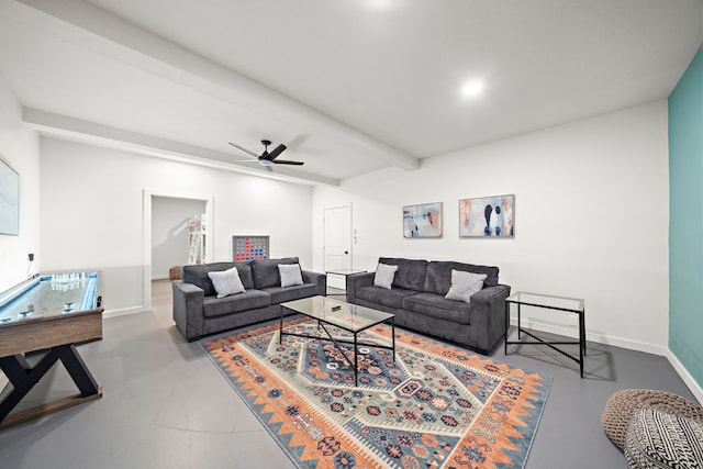 living room featuring ceiling fan and beam ceiling