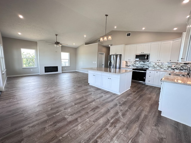 kitchen with a fireplace, appliances with stainless steel finishes, white cabinets, dark hardwood / wood-style floors, and sink