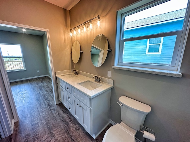 bathroom featuring toilet, dual vanity, and hardwood / wood-style flooring