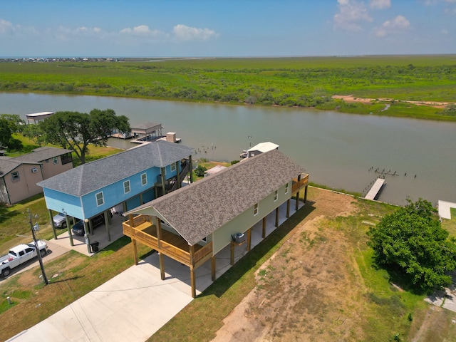 drone / aerial view featuring a water view