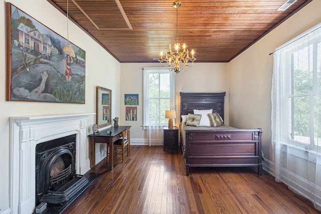 bedroom featuring dark hardwood / wood-style flooring, crown molding, wooden ceiling, and a notable chandelier