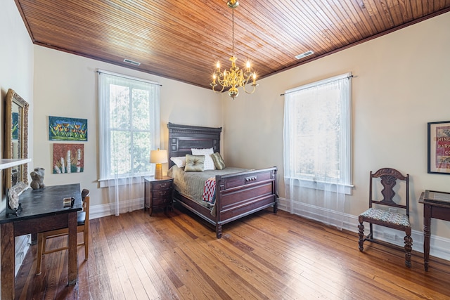 bedroom featuring hardwood / wood-style floors, wooden ceiling, ornamental molding, and an inviting chandelier