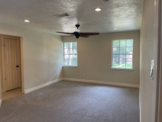 spare room with carpet floors, ceiling fan, a wealth of natural light, and a textured ceiling