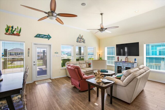 living room featuring lofted ceiling, ceiling fan, and wood-type flooring