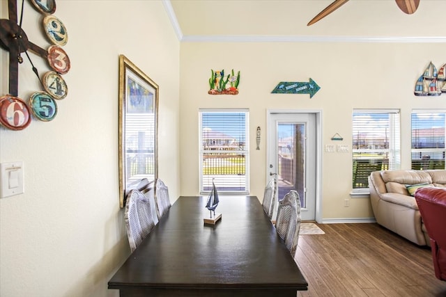 dining room with ceiling fan, crown molding, and dark wood-type flooring