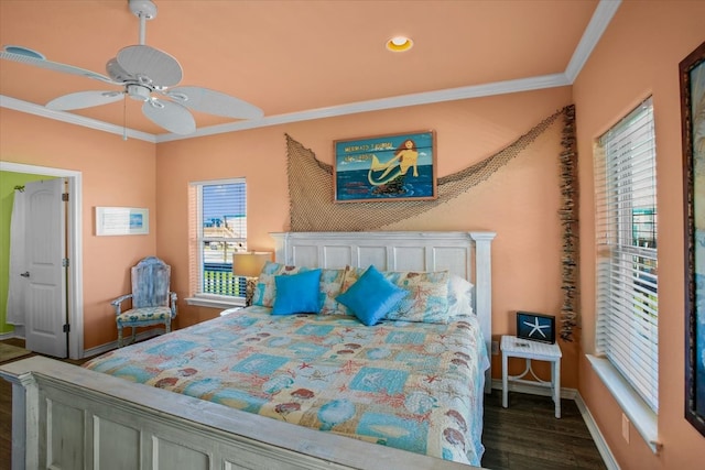 bedroom featuring ceiling fan, dark wood-type flooring, and ornamental molding