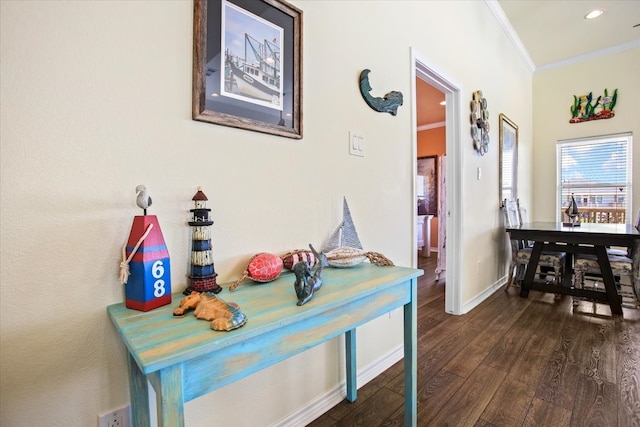 hallway with ornamental molding and dark wood-type flooring