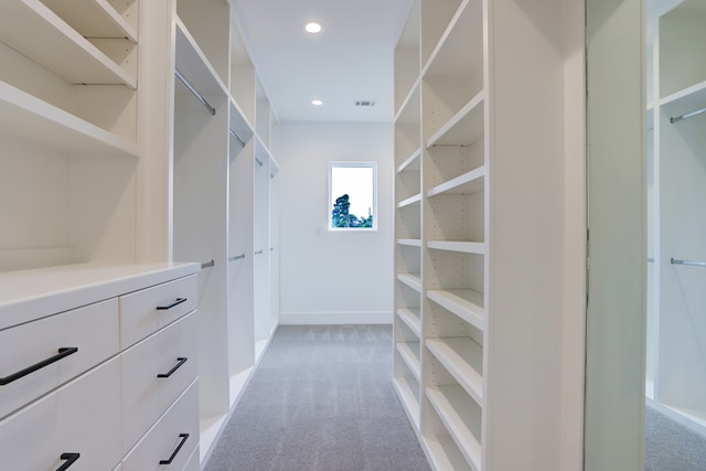 walk in closet with light colored carpet