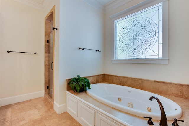 bathroom featuring tile flooring, plus walk in shower, and crown molding