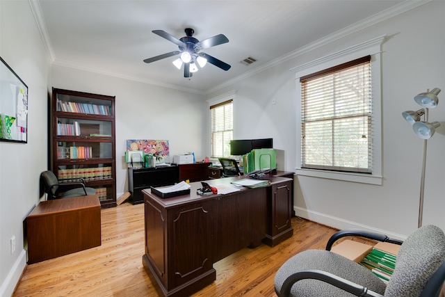 office featuring ornamental molding, ceiling fan, and light hardwood / wood-style flooring