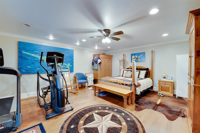 420 Heights Blvd, Houston, TX 77007 - bedroom with wood finished floors, recessed lighting, ornamental molding, and ceiling fan