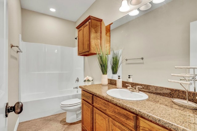 full bathroom with tile floors, shower / bath combination, toilet, and vanity