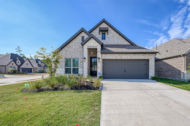 view of front of property featuring a front yard and a garage