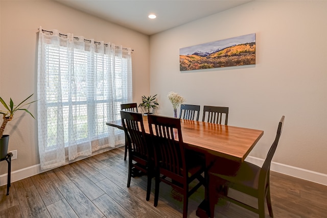 dining room with plenty of natural light and dark wood-type flooring