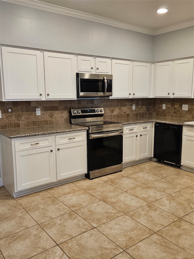 kitchen featuring appliances with stainless steel finishes, tasteful backsplash, crown molding, and white cabinetry