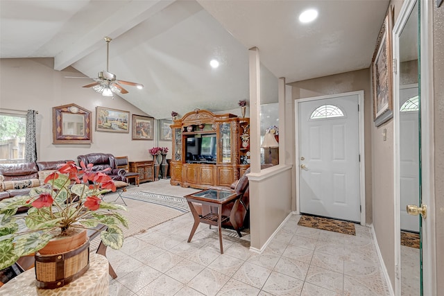 7635 Loro Linda Dr, Houston, TX 77083 - foyer entrance featuring lofted ceiling with beams, baseboards, recessed lighting, and a ceiling fan