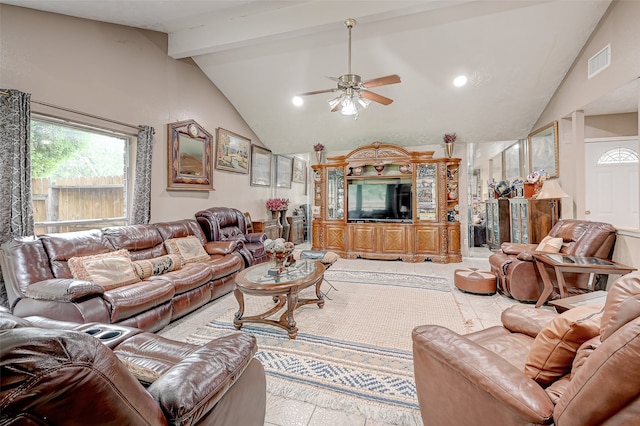 7635 Loro Linda Dr, Houston, TX 77083 - living room featuring lofted ceiling with beams, visible vents, and ceiling fan