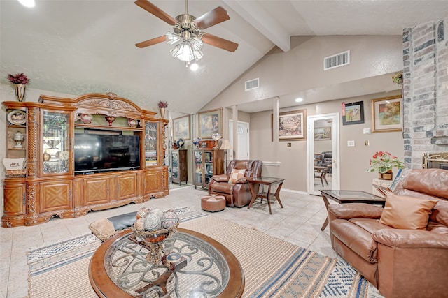 7635 Loro Linda Dr, Houston, TX 77083 - living room featuring visible vents, beam ceiling, high vaulted ceiling, and ceiling fan