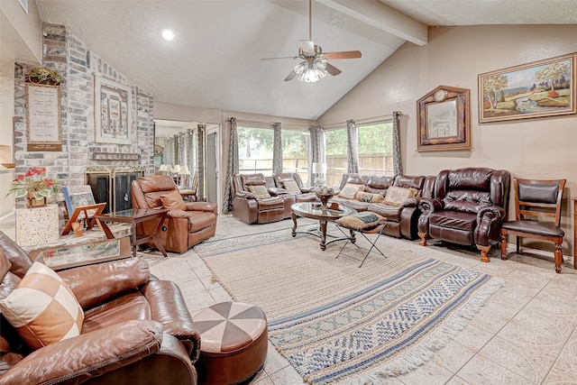 7635 Loro Linda Dr, Houston, TX 77083 - living room with beamed ceiling, high vaulted ceiling, a brick fireplace, and a ceiling fan