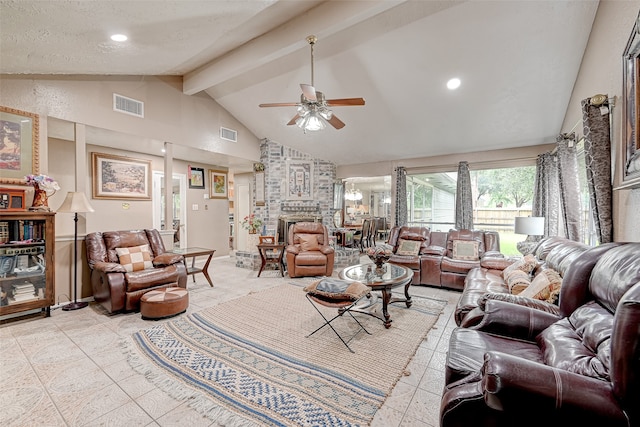 7635 Loro Linda Dr, Houston, TX 77083 - living area with a brick fireplace, a ceiling fan, visible vents, and high vaulted ceiling