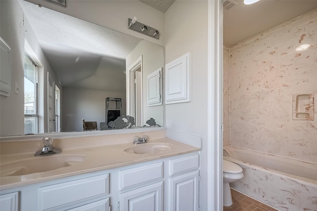 7635 Loro Linda Dr, Houston, TX 77083 - full bathroom with double vanity, visible vents, toilet, and a sink