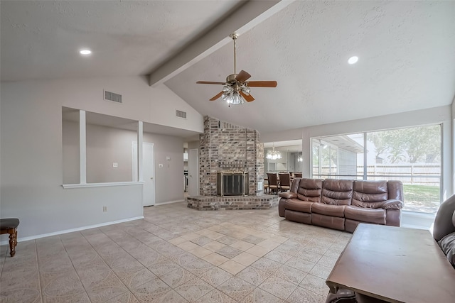 7635 Loro Linda Dr, Houston, TX 77083 - living room featuring beamed ceiling, baseboards, visible vents, and ceiling fan