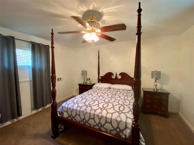 bedroom with ceiling fan and carpet floors