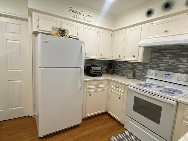 kitchen with backsplash, white cabinetry, dark wood-type flooring, and white appliances