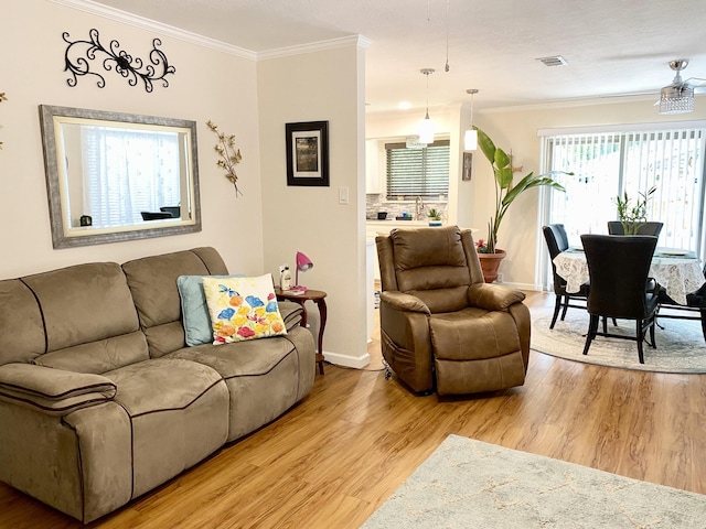 36 Corkwood Rd, Trinity, TX 75862 - living room with ornamental molding, visible vents, baseboards, and wood finished floors
