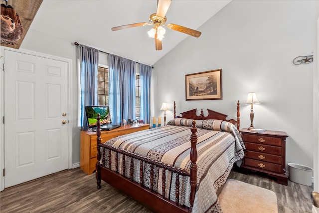 bedroom featuring vaulted ceiling, ceiling fan, and dark hardwood / wood-style flooring