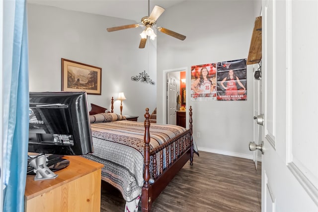 bedroom featuring connected bathroom, high vaulted ceiling, ceiling fan, and dark hardwood / wood-style flooring