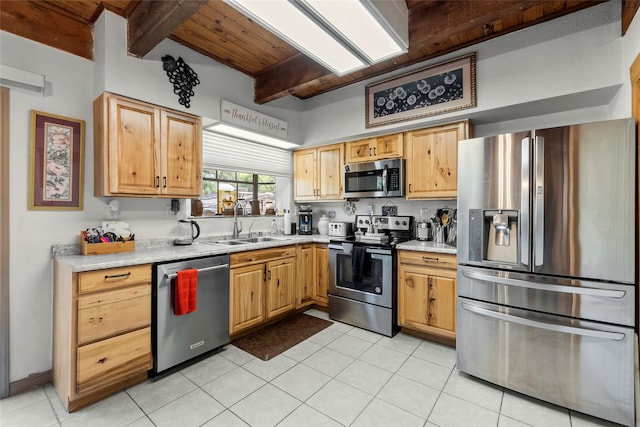 kitchen featuring light tile flooring, stainless steel appliances, beam ceiling, sink, and wooden ceiling