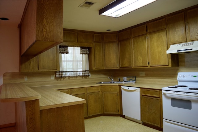 kitchen featuring backsplash, white appliances, sink, and kitchen peninsula