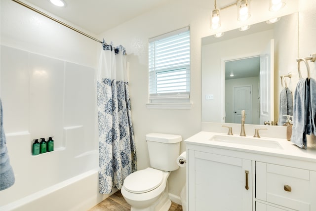 full bathroom featuring hardwood / wood-style flooring, toilet, shower / bath combo, and vanity