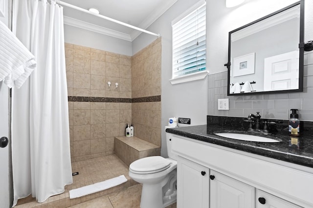 bathroom featuring toilet, a shower with shower curtain, vanity with extensive cabinet space, crown molding, and tile flooring