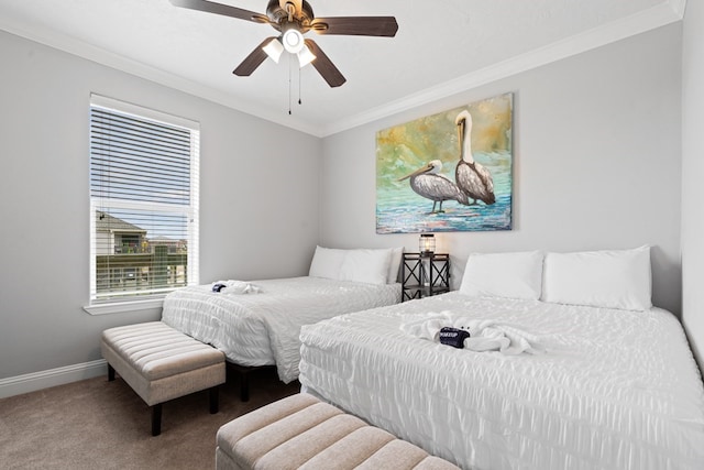 bedroom with light colored carpet, ornamental molding, and ceiling fan