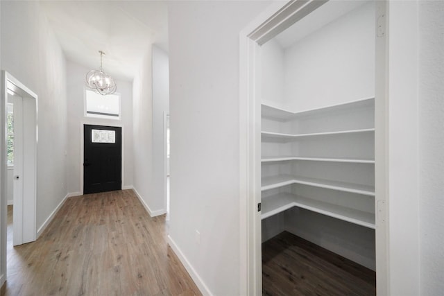 foyer featuring a notable chandelier, baseboards, and wood finished floors