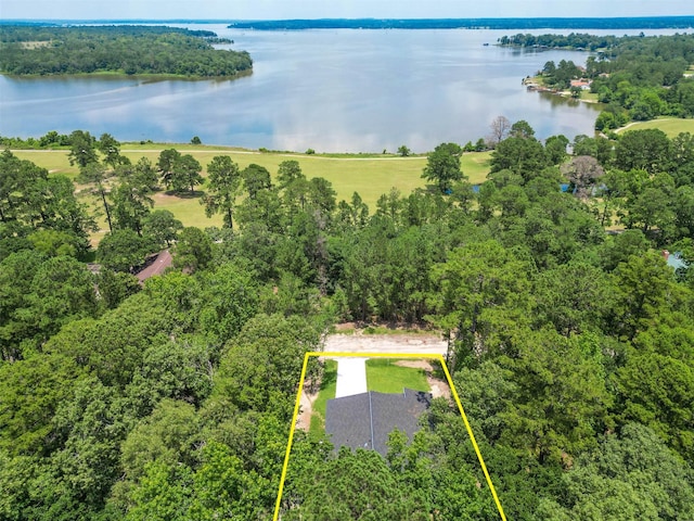 aerial view featuring a wooded view and a water view