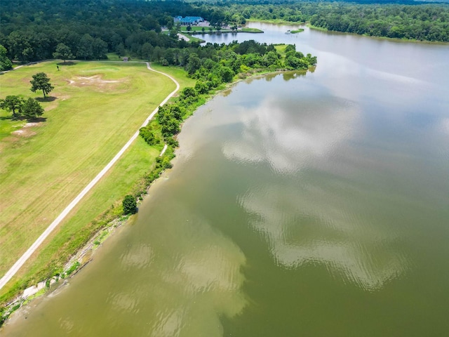 drone / aerial view featuring a wooded view and a water view