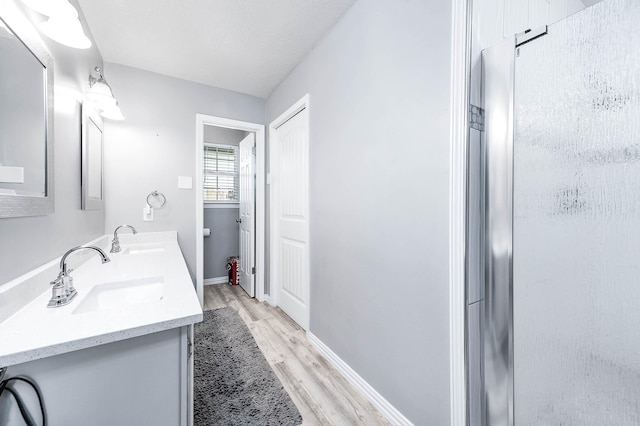 bathroom featuring vanity, wood-type flooring, and a shower with door