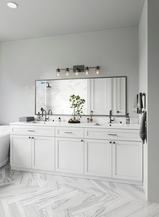 bathroom featuring parquet flooring, a bathtub, and double vanity