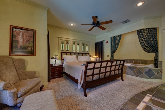 tiled bedroom featuring ornamental molding and ceiling fan